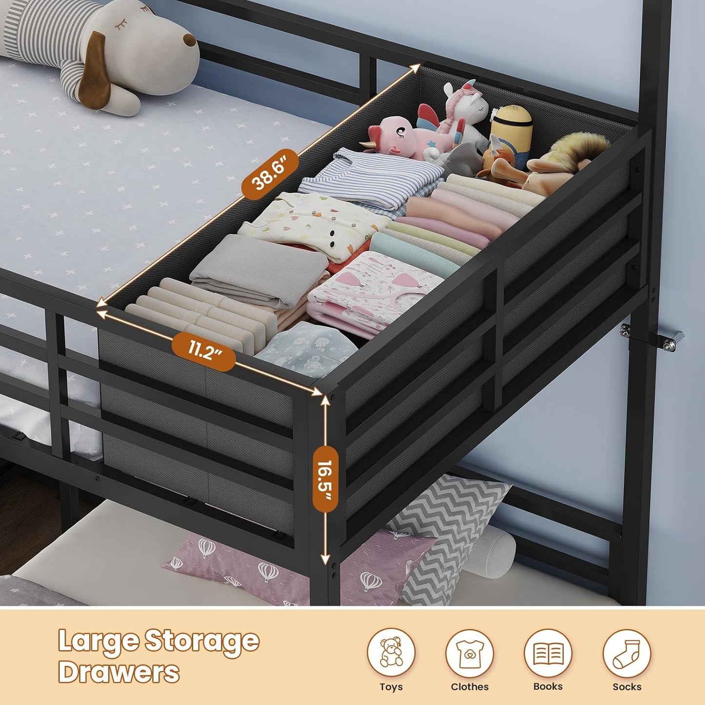 Black Commercia lGrade Triple Bunk Bed House Shaped LED