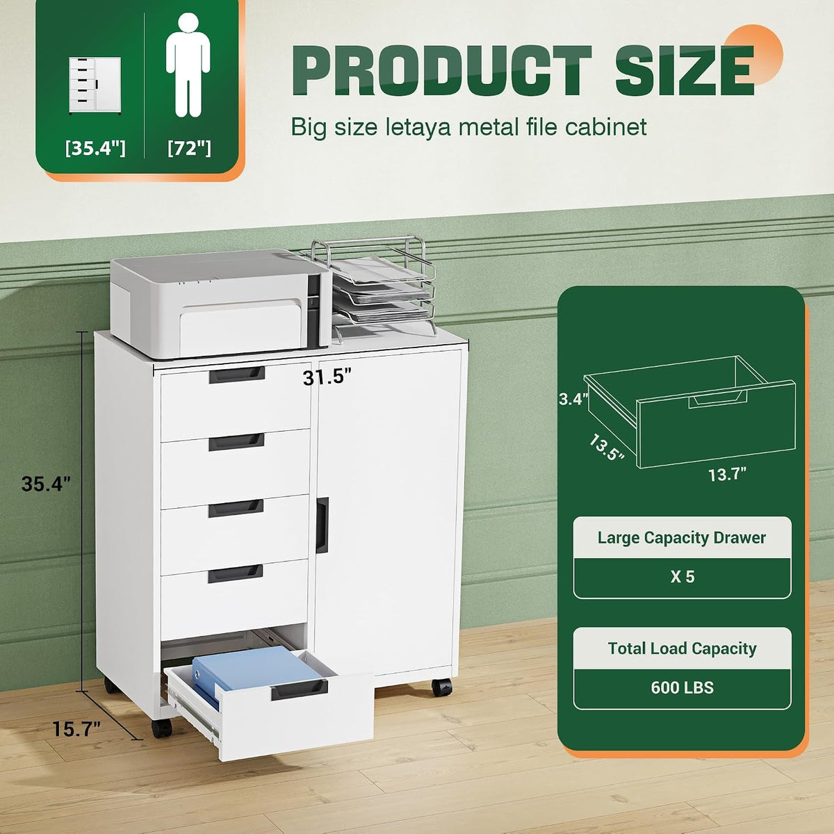 White Five-Drawer Movable Storage Cabinet For Home-2