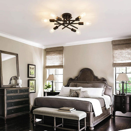 Six Light Black Matte Sputnik Chandelier Semi Flush Ceiling Light