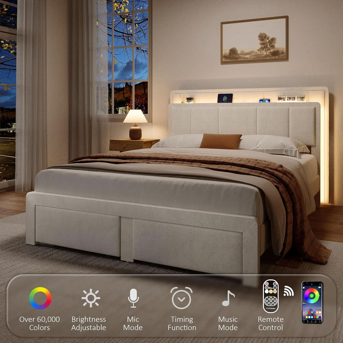 White Velvet Upholstered Platform Bed With Drawers