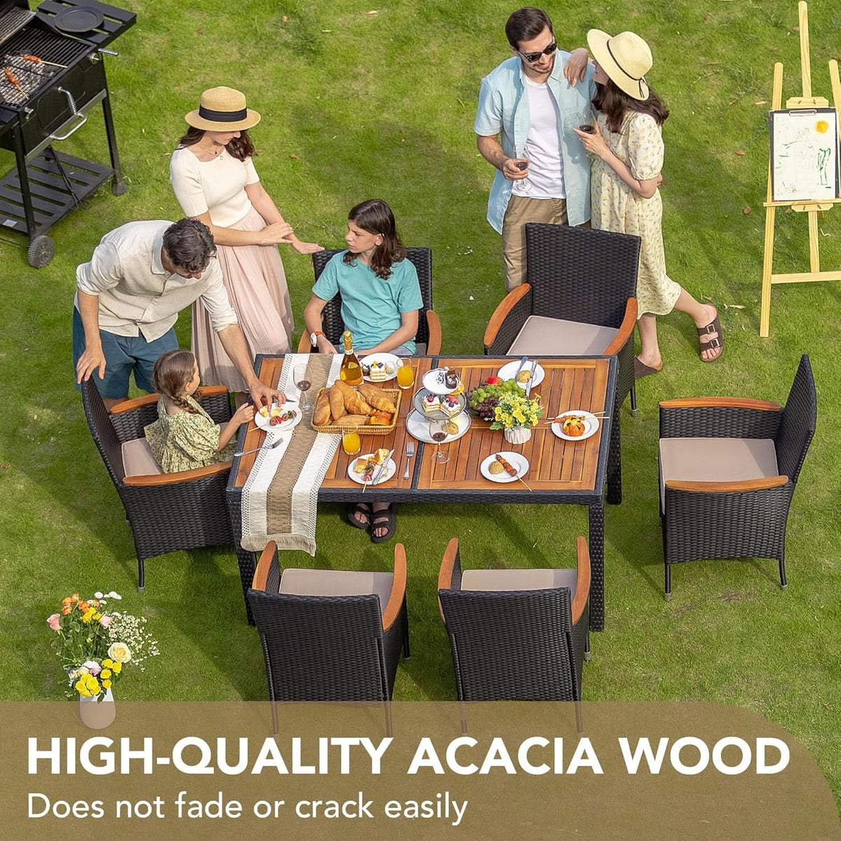 7 Piece Patio Dining Set Acacia Wood Table Black Rattan