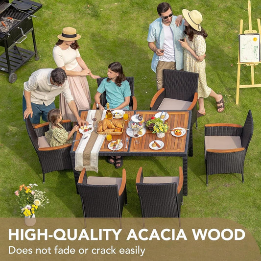 7 Piece Patio Dining Set Acacia Wood Table Black Rattan