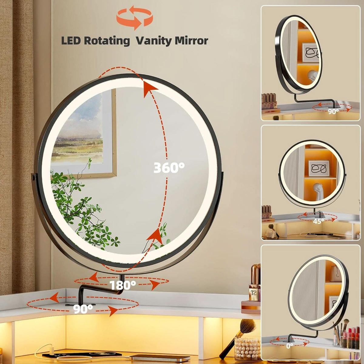 Corner Vanity Desk With Rotating Mirror Illumination
