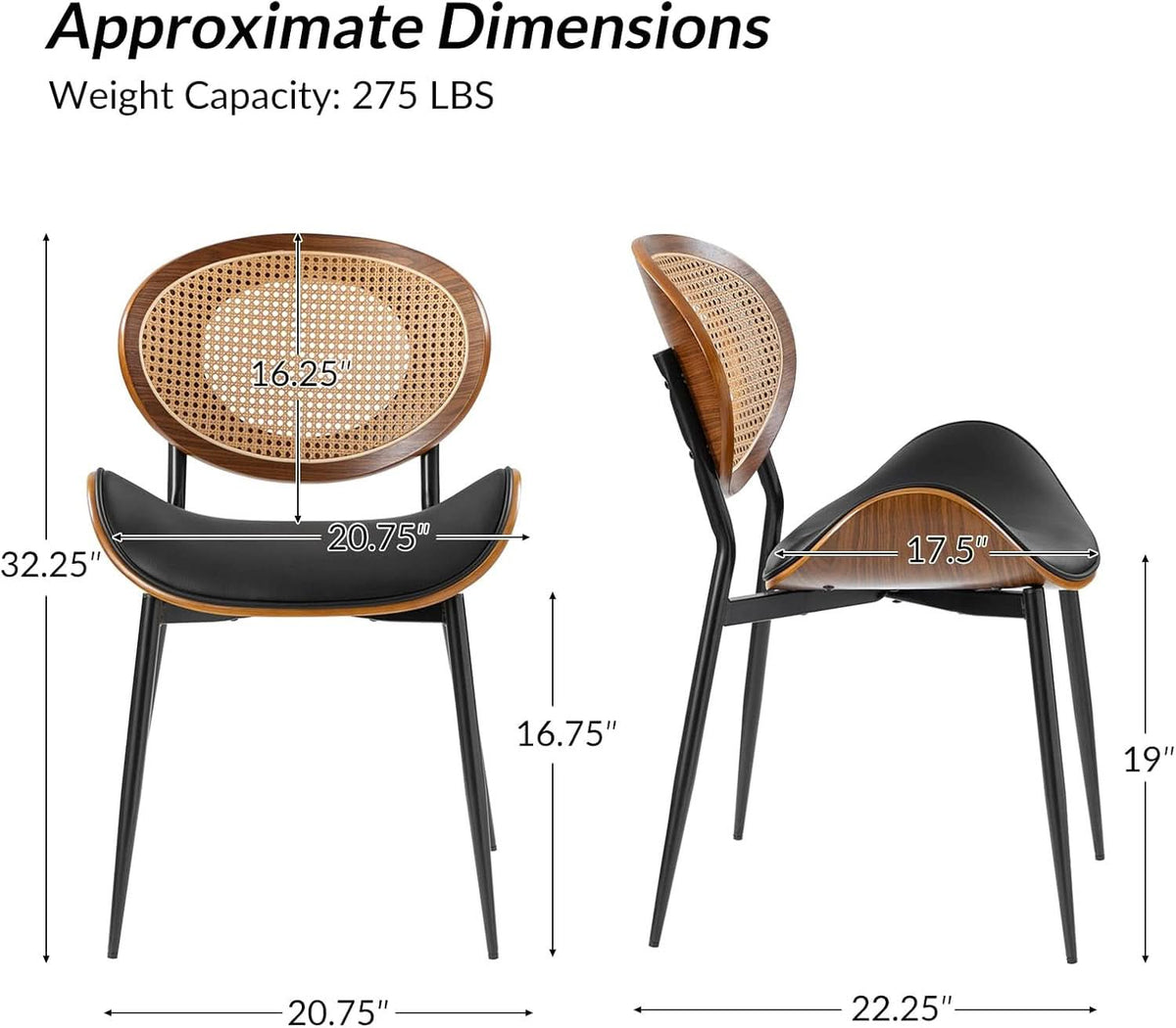 Matte Black Leather Dining Chairs Rattan Backrests