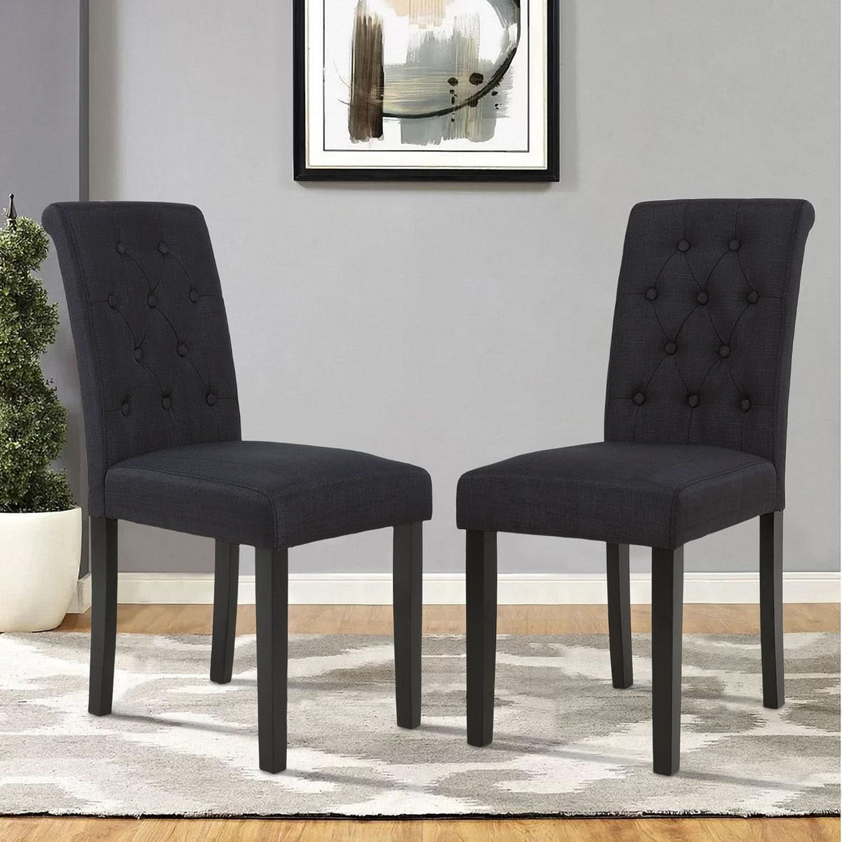Two Upholstered Fabric Dining Chairs Button Tufting Black