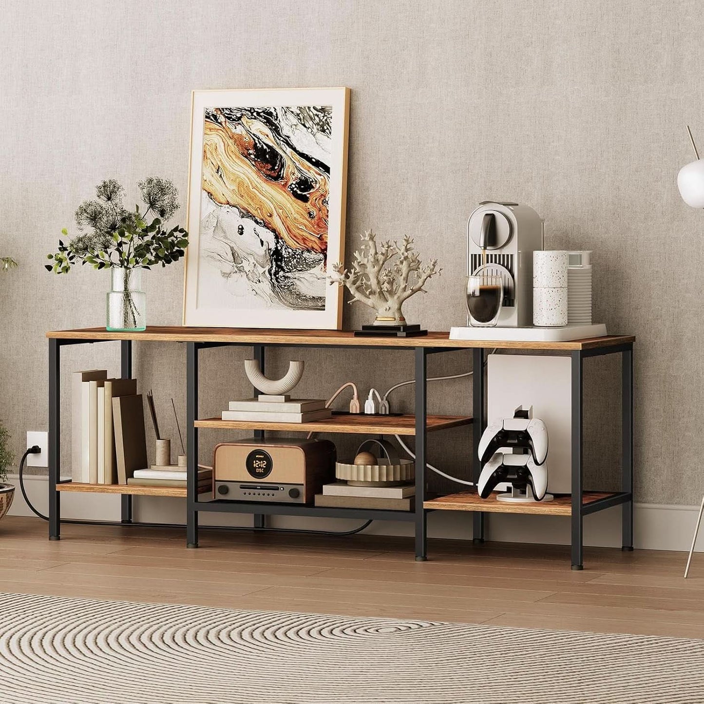 TV Stand With Power Outlets For 65 Inch TV Open Shelves
