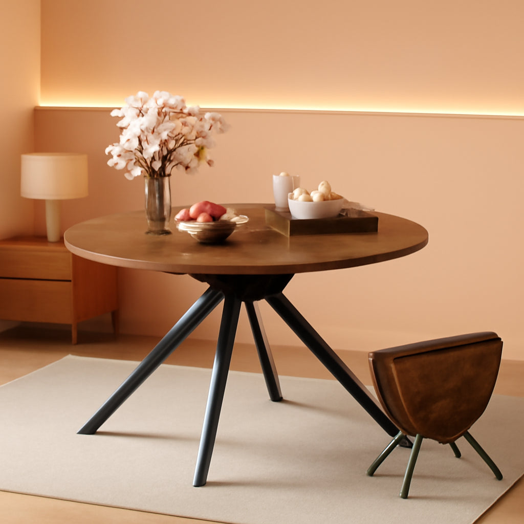 Sturdy Construction Round Brown Folding Dining Table