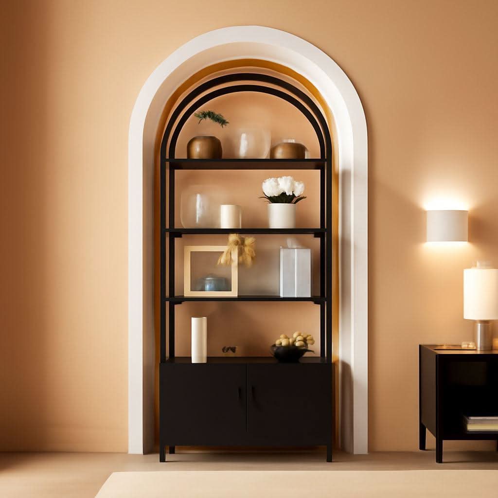 Arched Bookcase With Doors 71 Inch Industrial Black