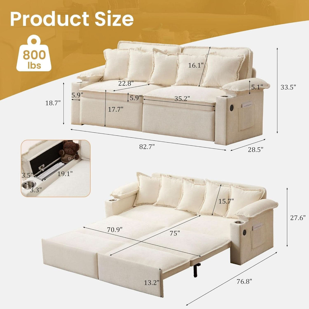 King Size Beige Ultra Luxurious Sleeper Sofa USB Ports Pro