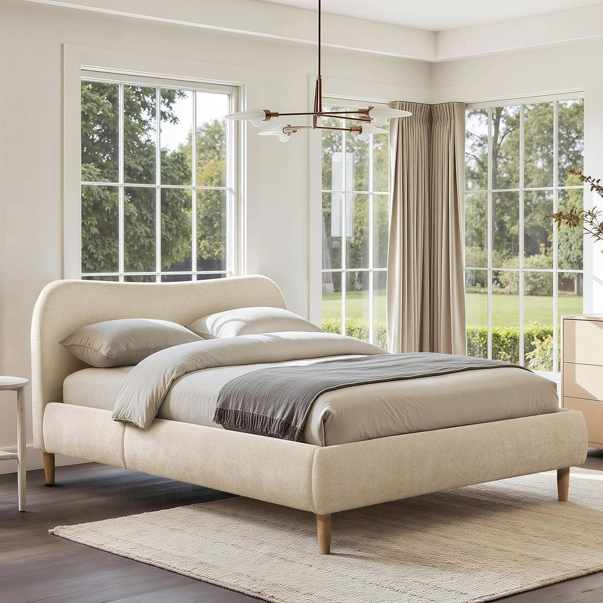 Queen Upholstered Platform Bed With Oatmeal Chenille