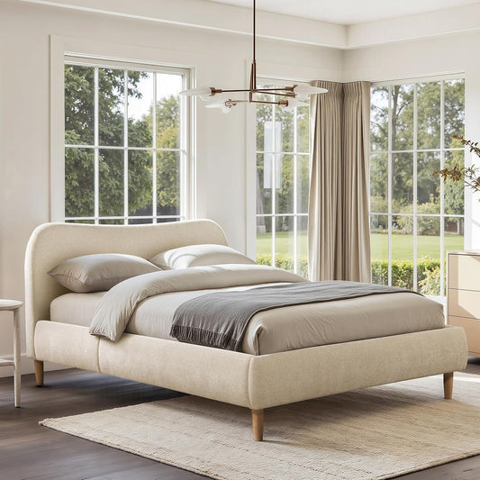 Queen Upholstered Headboard Platform Bed Oatmeal Chenille