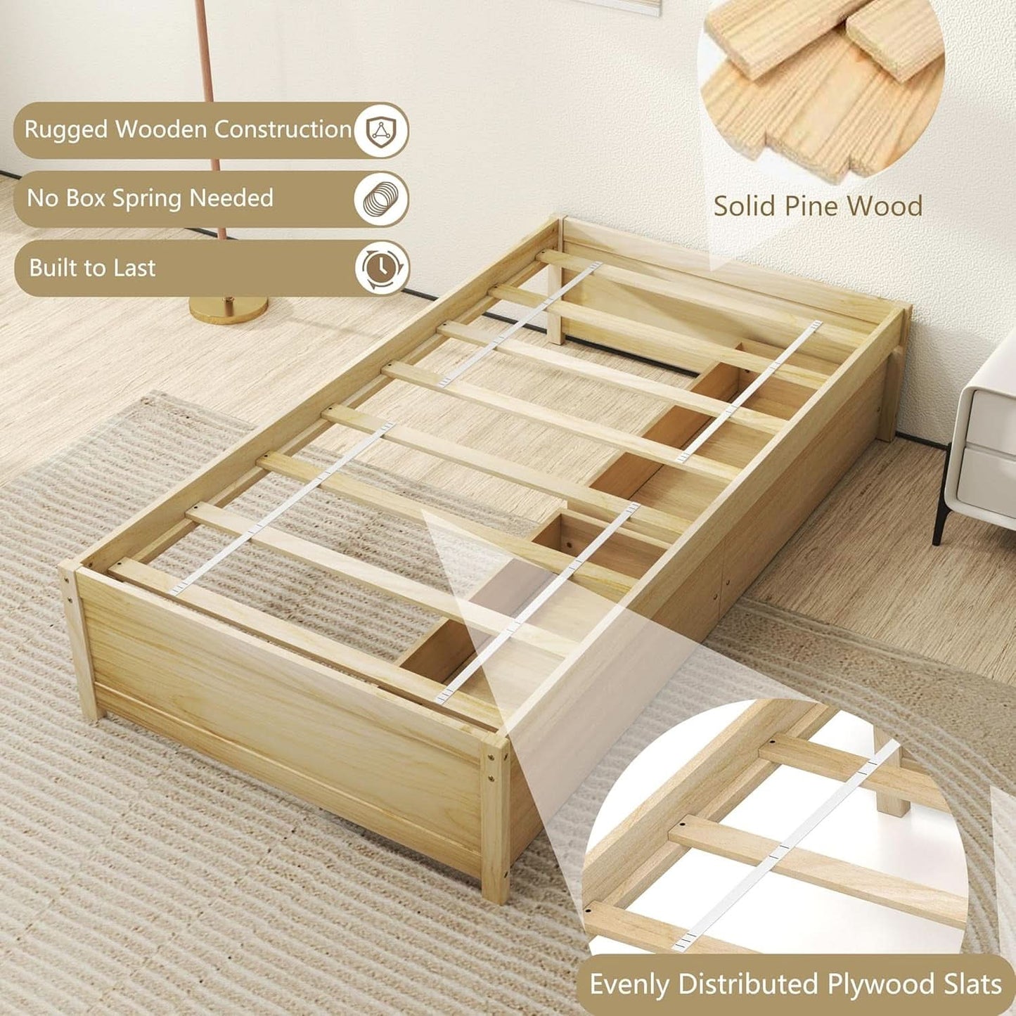 Twin Platform Bed Frame Featuring Integrated Drawers