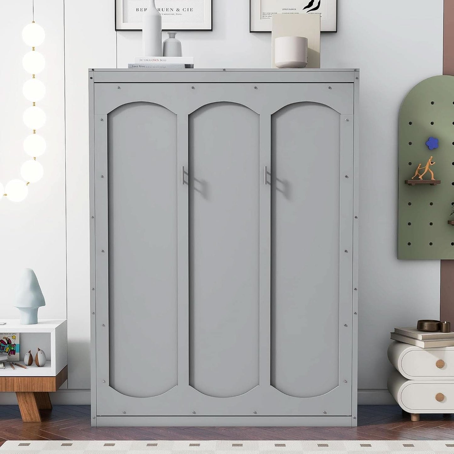 Retractable Gray Murphy Bed With Space Saving Shelves-2