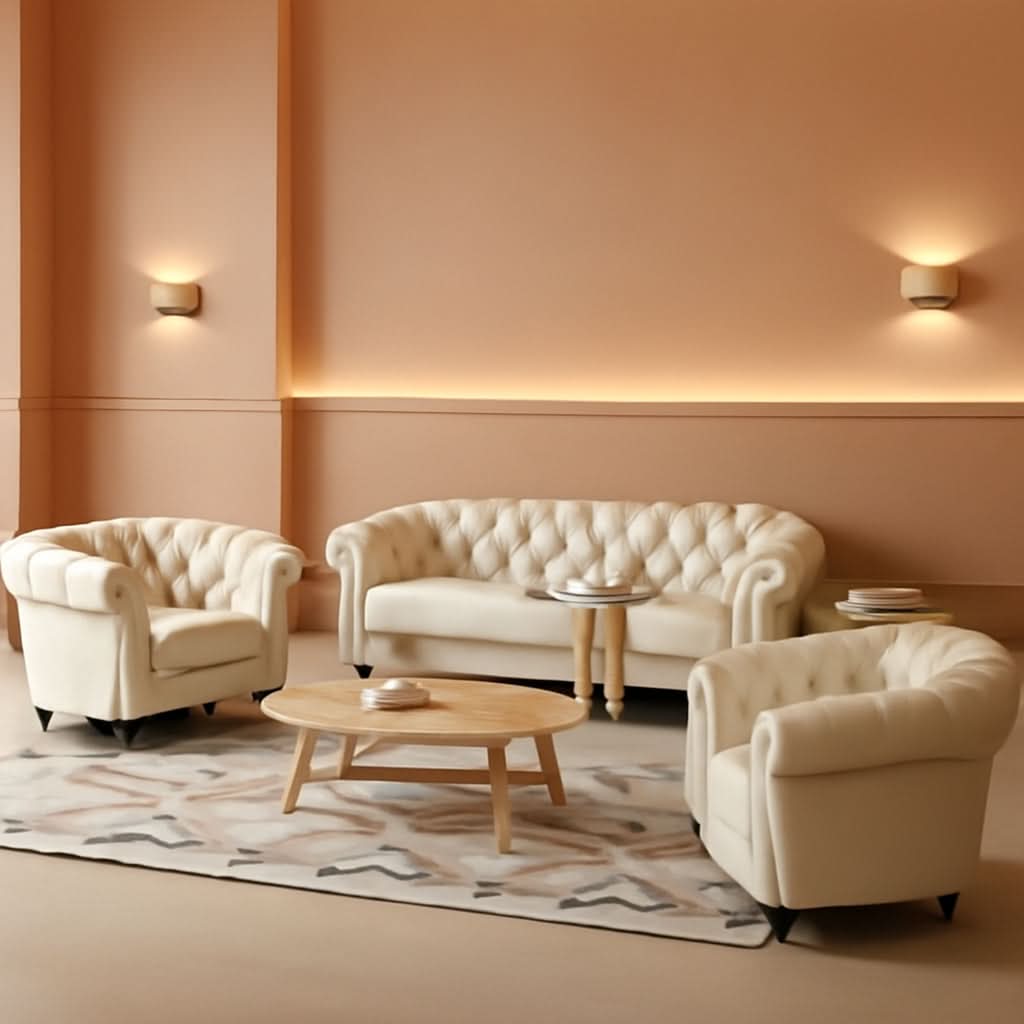 3 Piece Living Room Set Chesterfield Faux Leather Sofa Loveseat Chair White With Scroll Arms And Nailhead-0
