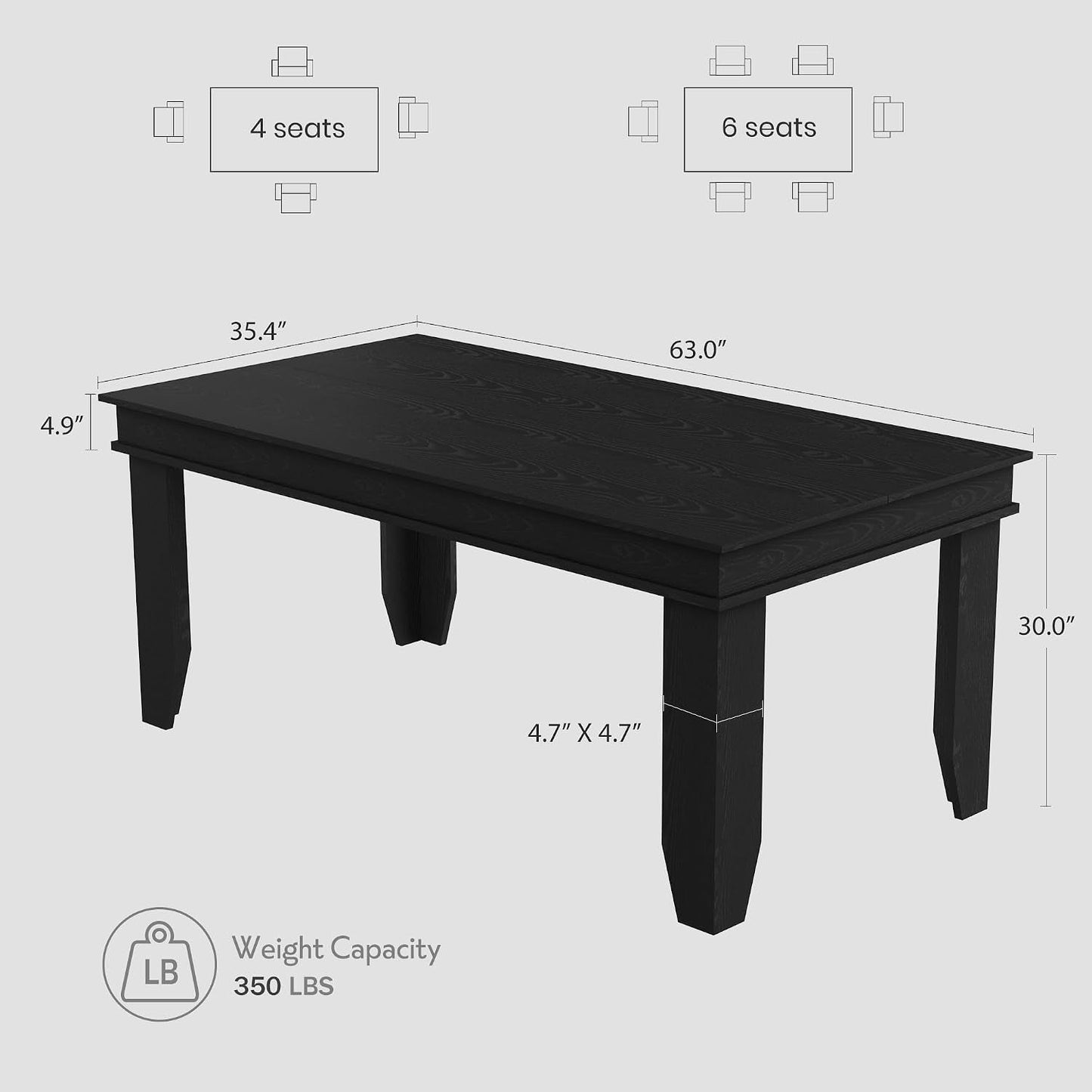 Dining Table Black Farmhouse Rectangular Seats Six-1