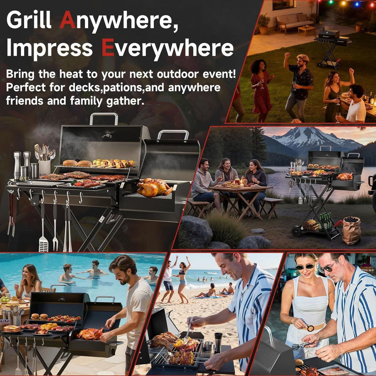 Foldable Portable Charcoal Grill With Smoking Function
