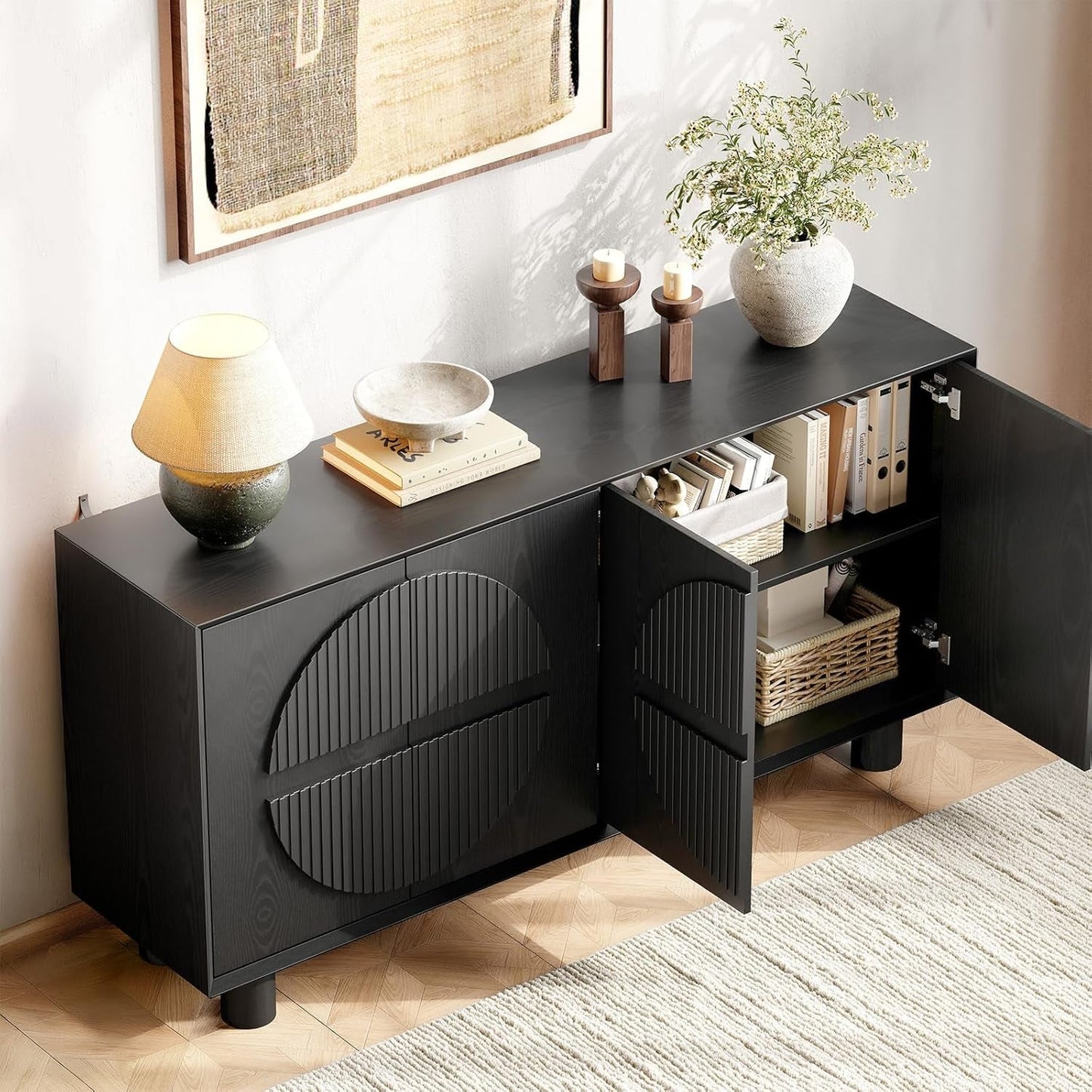 Black Fluted Buffet Cabinet With Storage Compartments