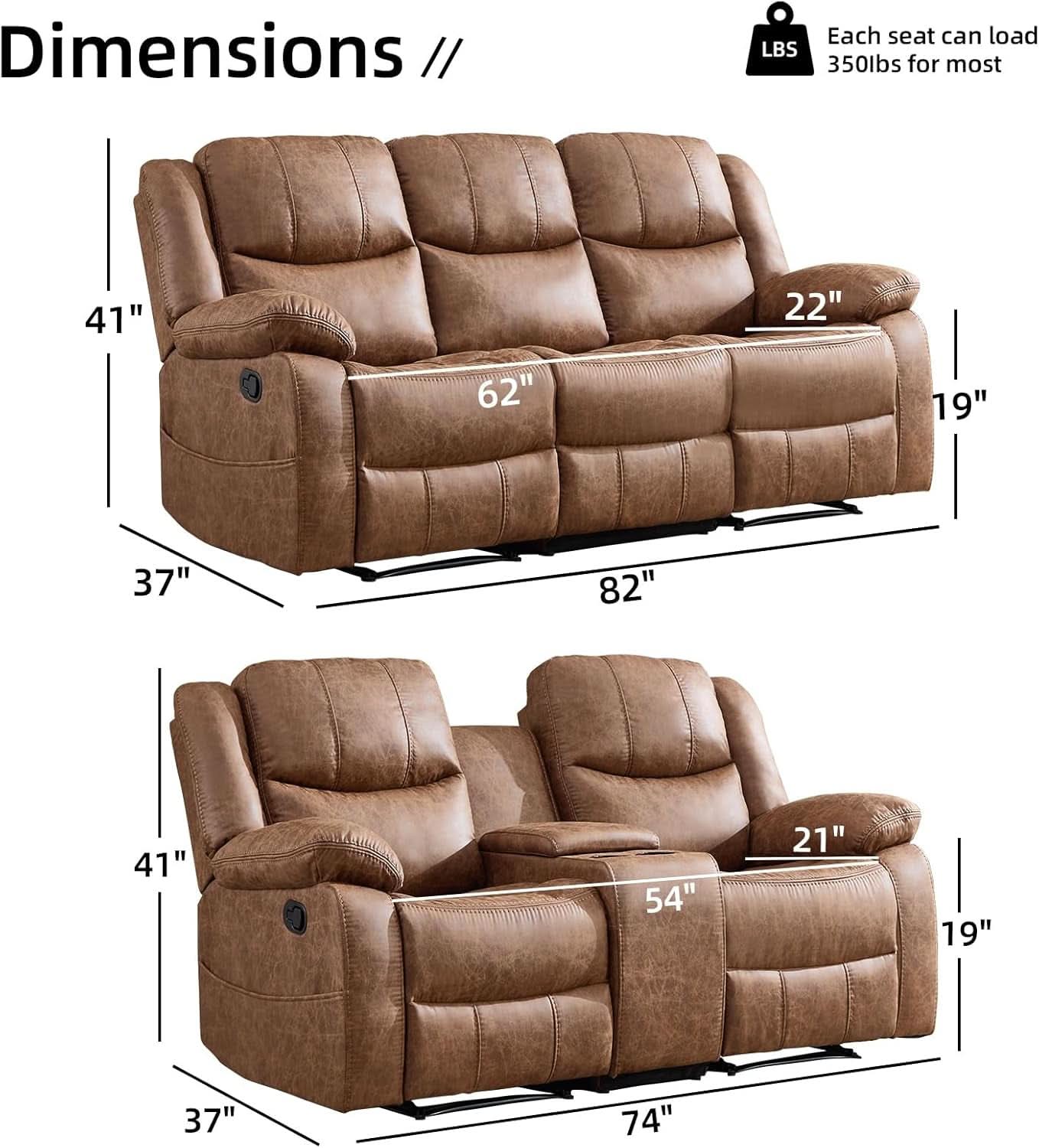 Brown Extra Wide Reclining Sofa Set Living Room Collection