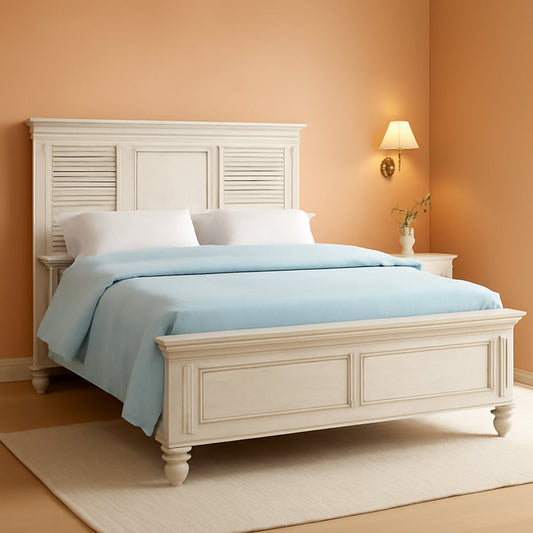 Antique White Coastal Farmhouse Queen Panel Bed Frame