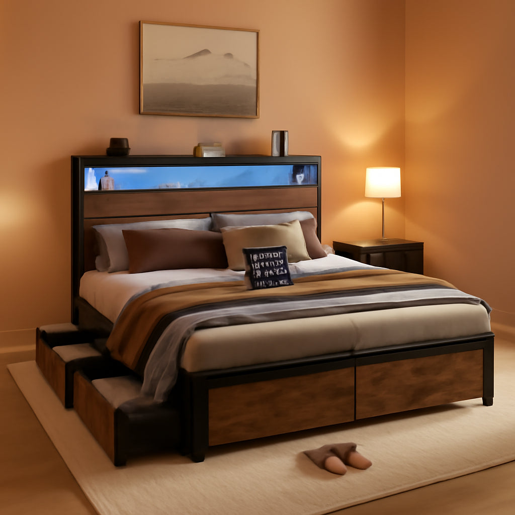 Full Size Platform Bed Frame With USB Charging Station