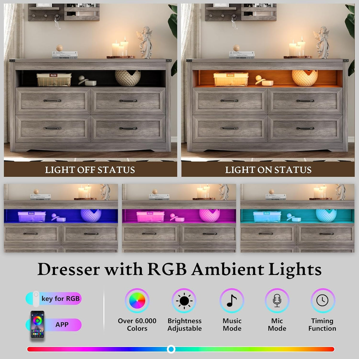 LED Illuminated Charcoal Grey Dresser With Drawers