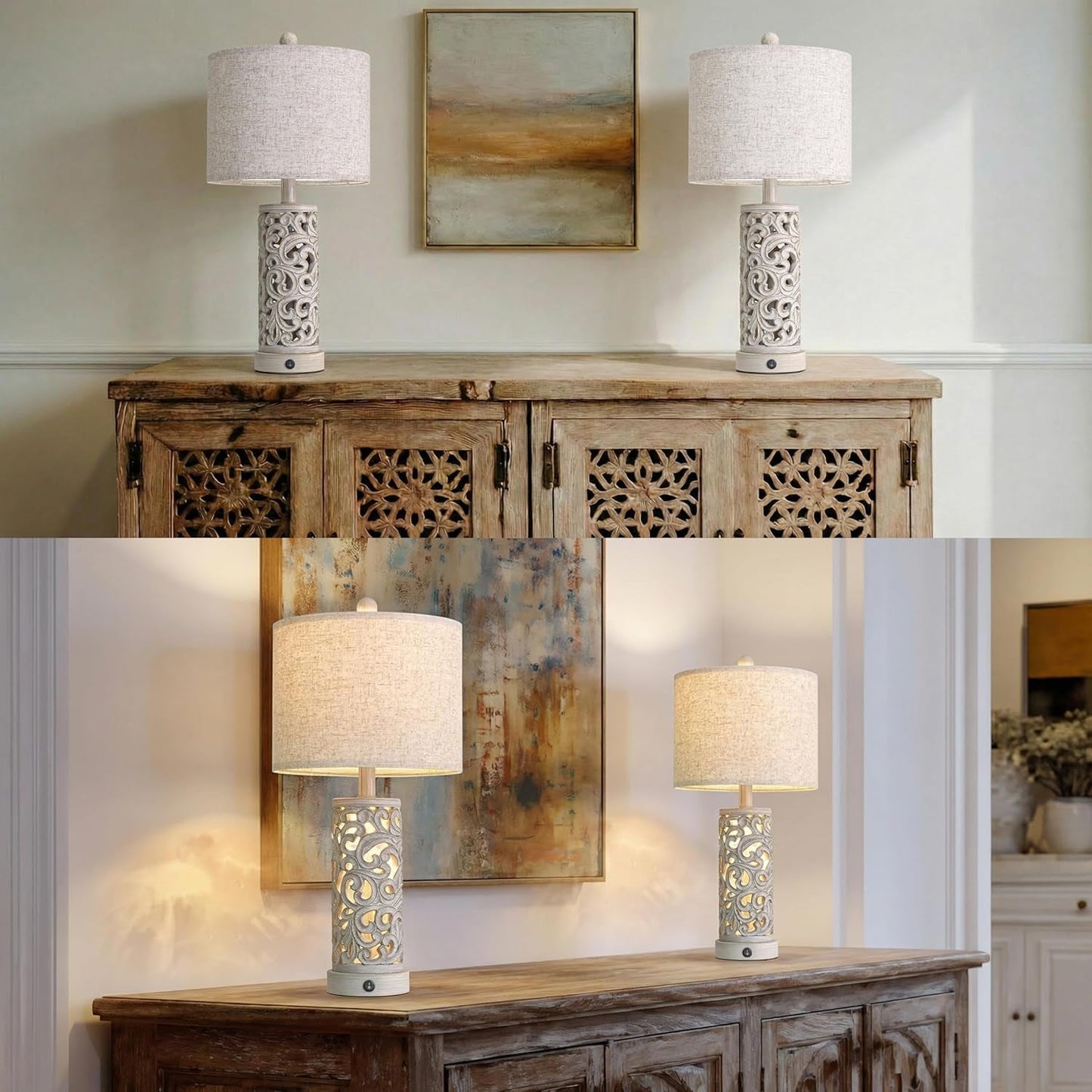 22 Inch Farmhouse Bedside Lamps with USB Night Light Set of 2