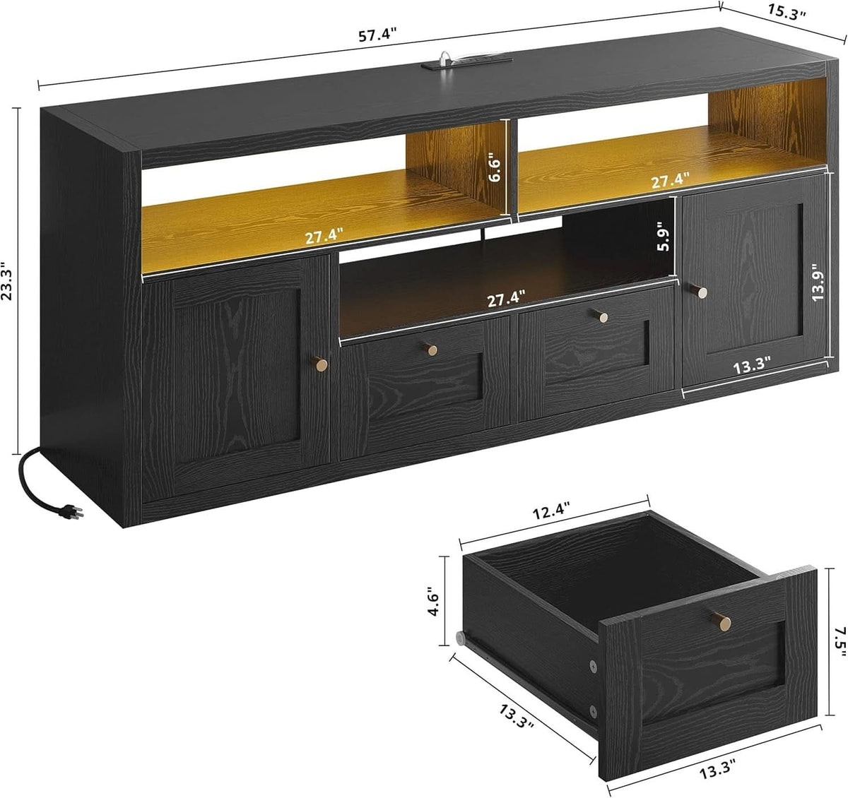 Black 65 Inch High End Contemporary TV Stand LED Lighting