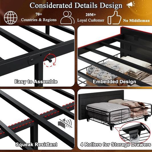 Queen Bed Frame With Storage Head board With LED Black