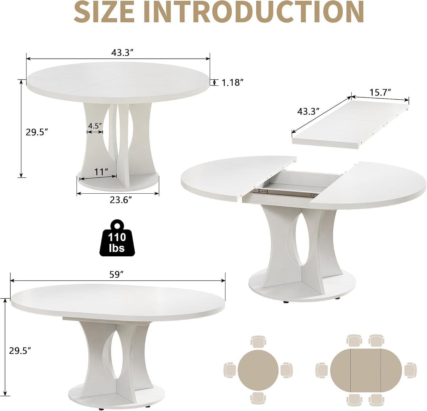 White Round Extendable Dining Table Pedestal Storage