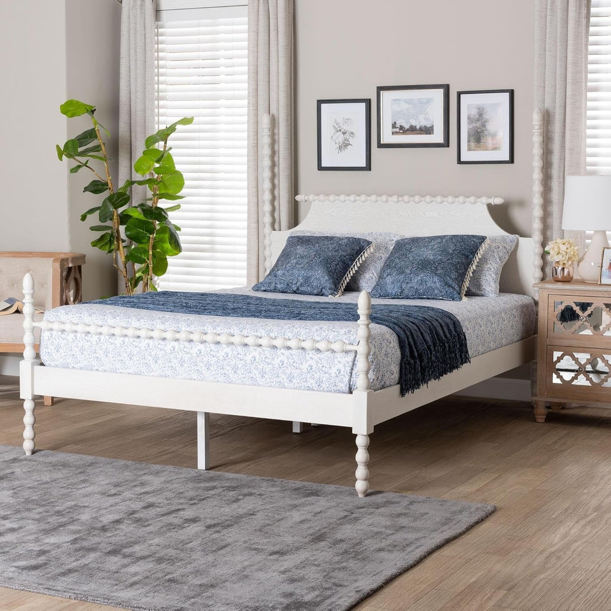 Four-Poster Platform Bed White Queen Spindle Posts-1