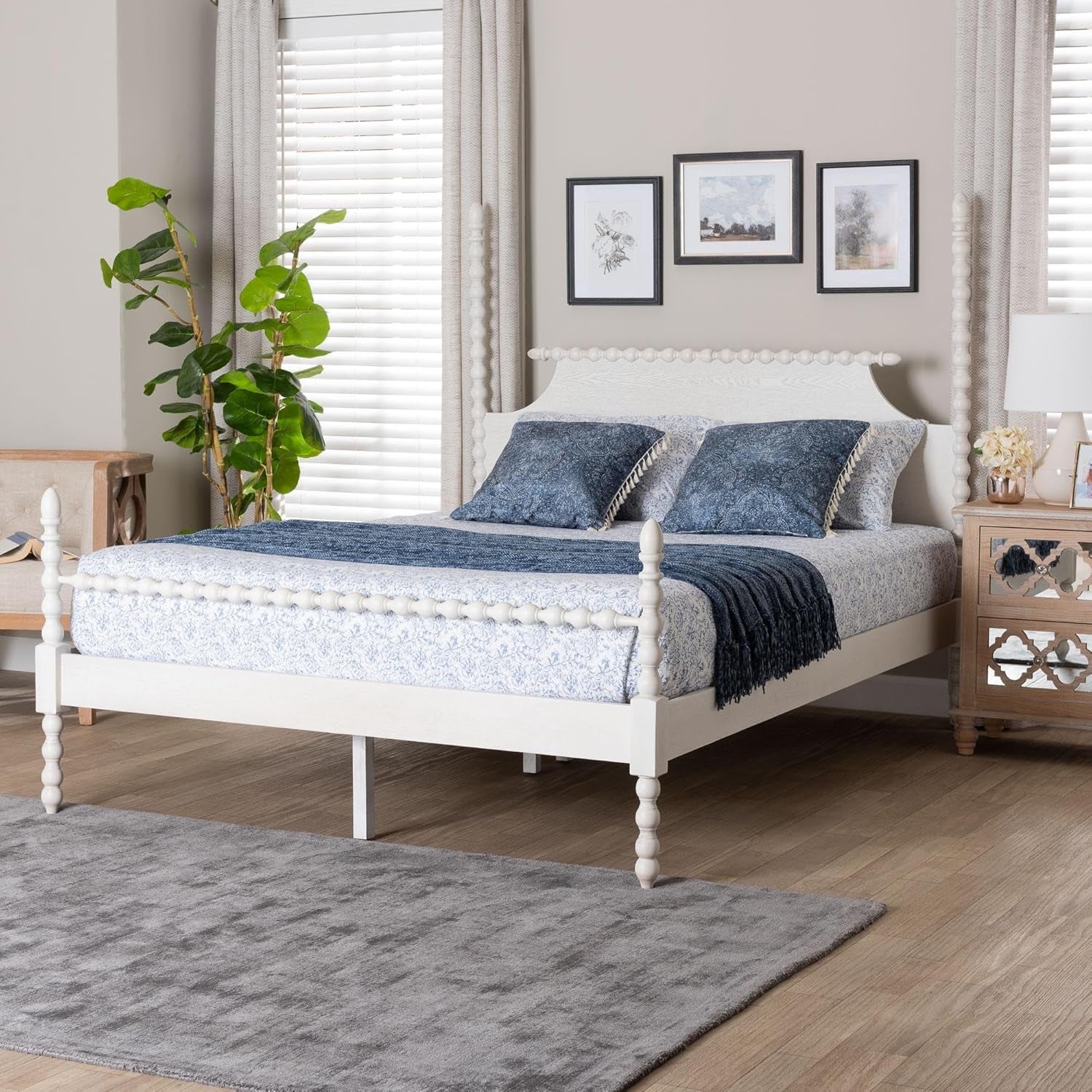 Four-Poster Platform Bed White Queen Spindle Posts-1