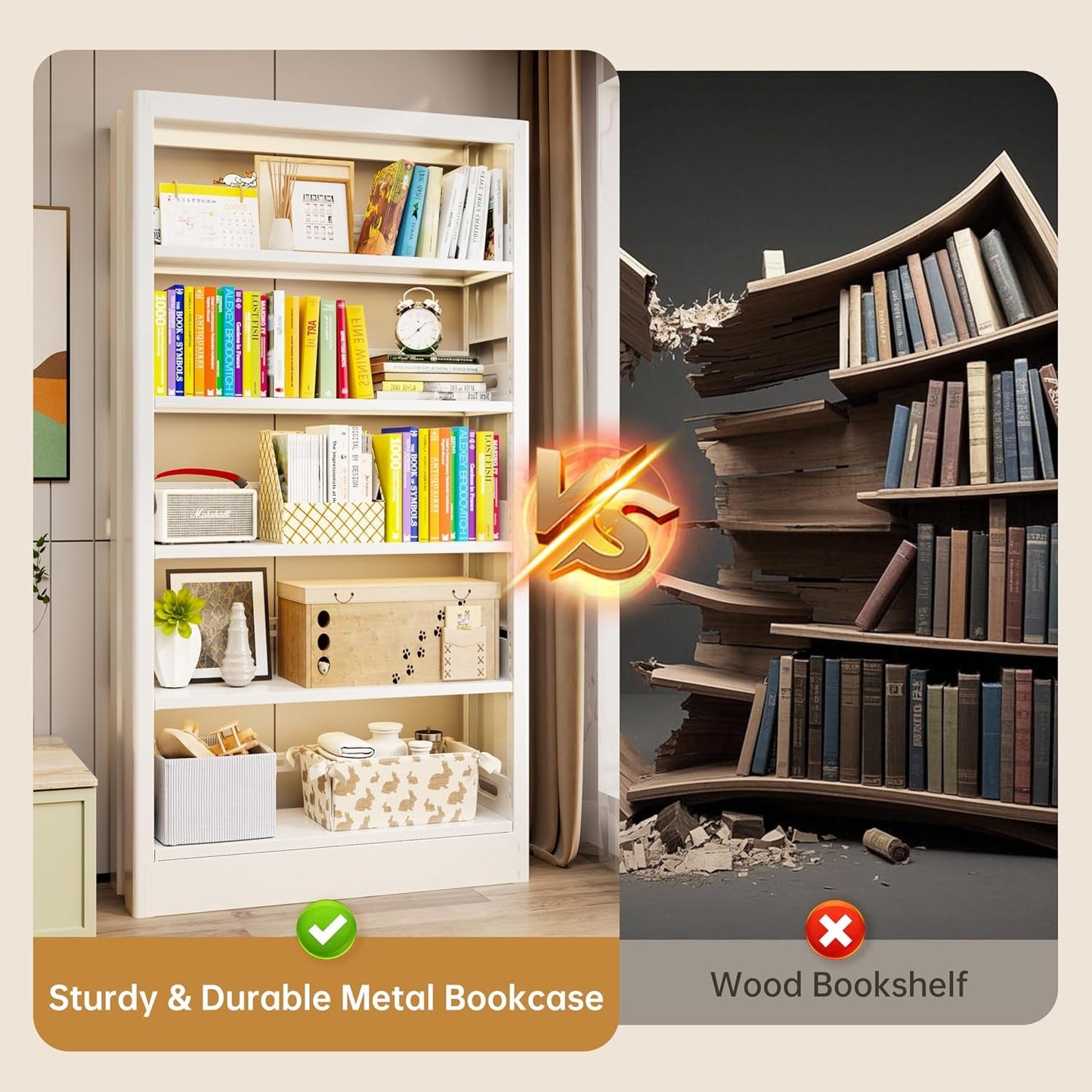 Floor Standing White Five Tier Adjustable Bookcase