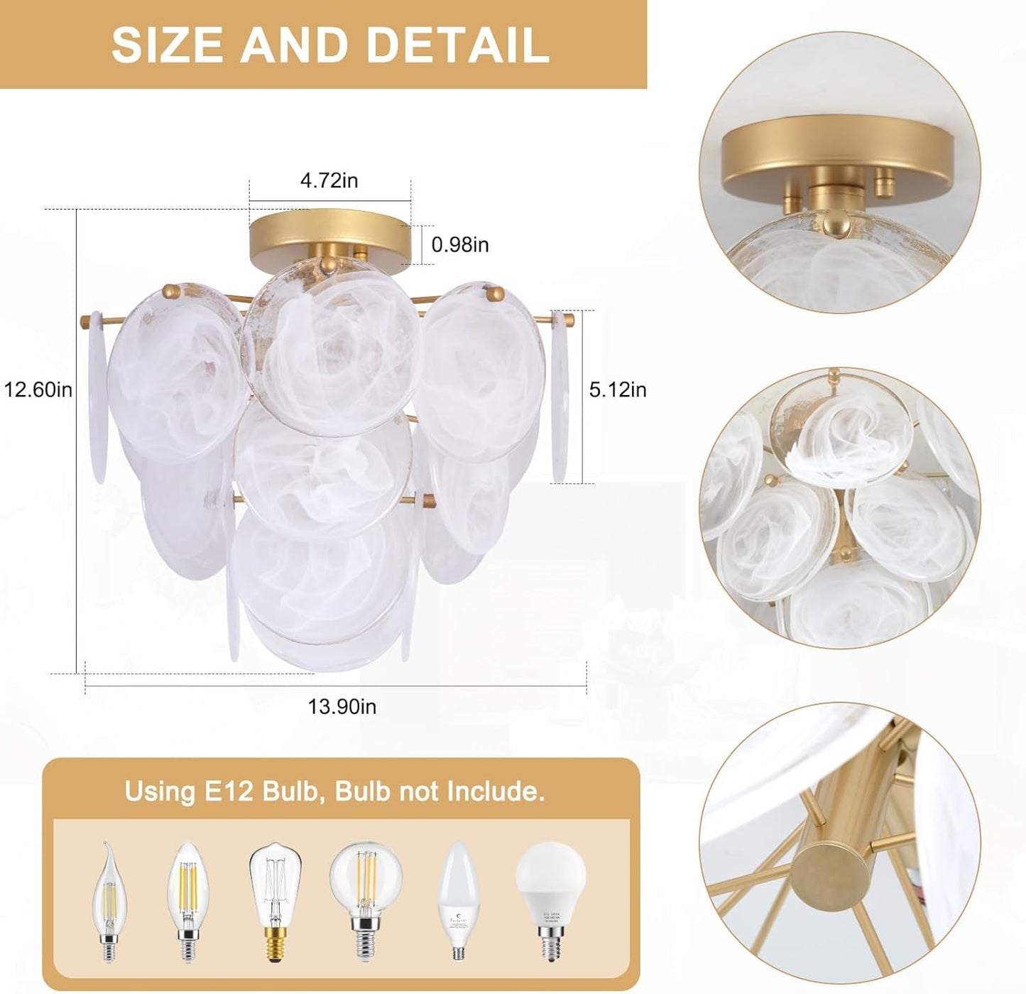 Golden Glass 4-Light Flush Mount Ceiling Chandelier