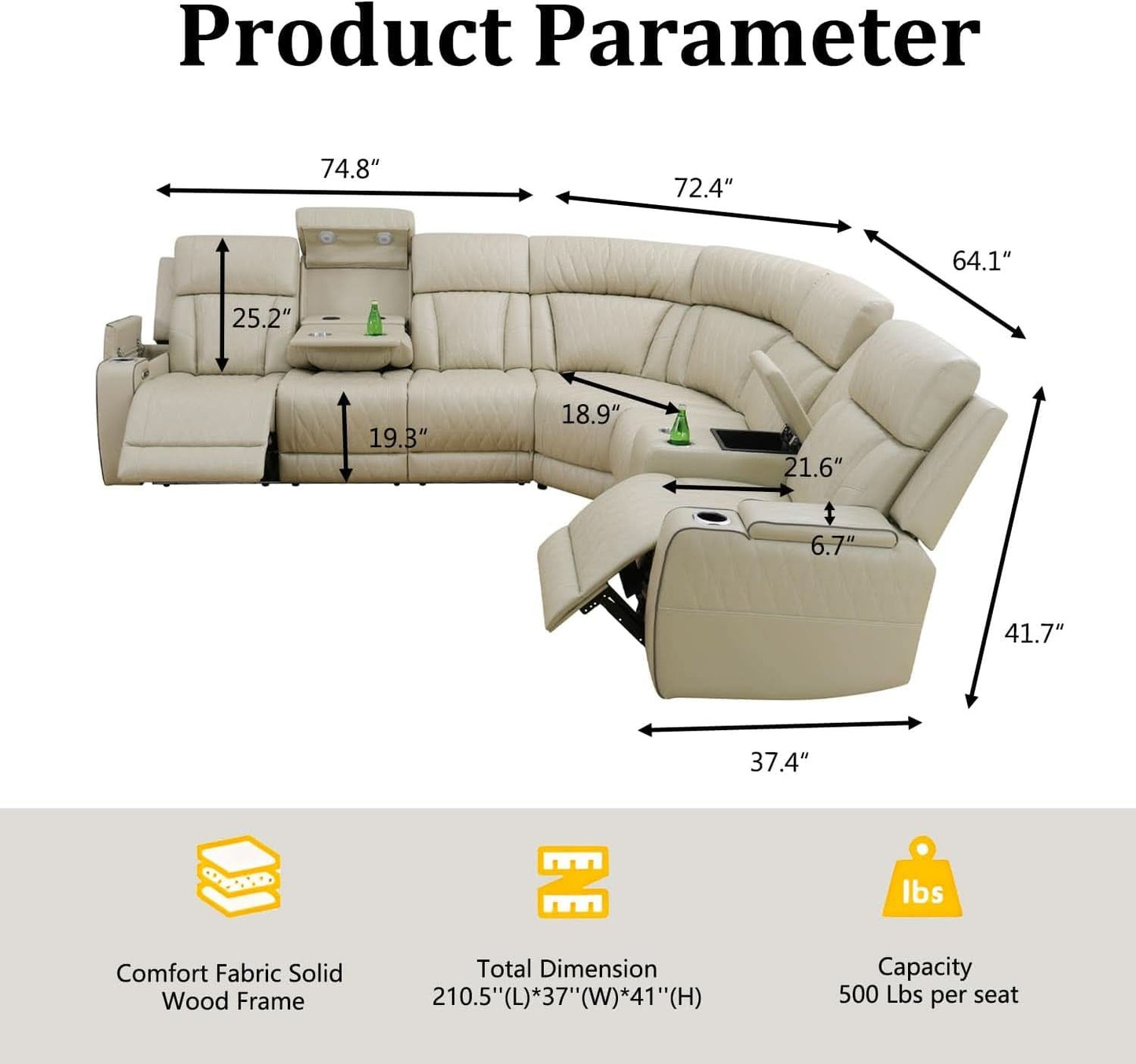 Beige Genuine Leather Power Recliner Sectional LED