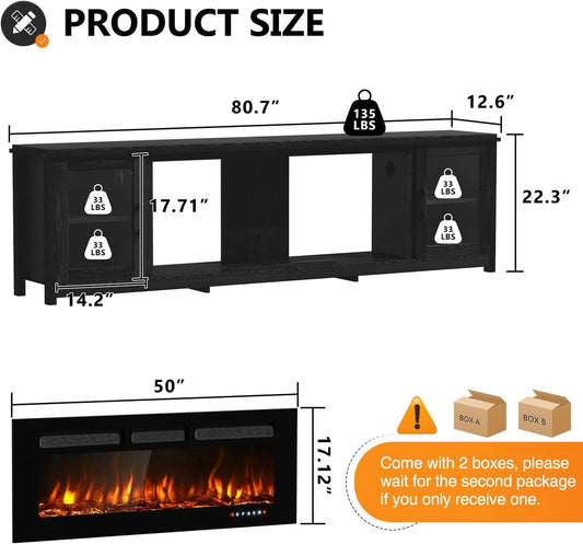 80 Inch Black Modern Fire place TV Entertainment Center