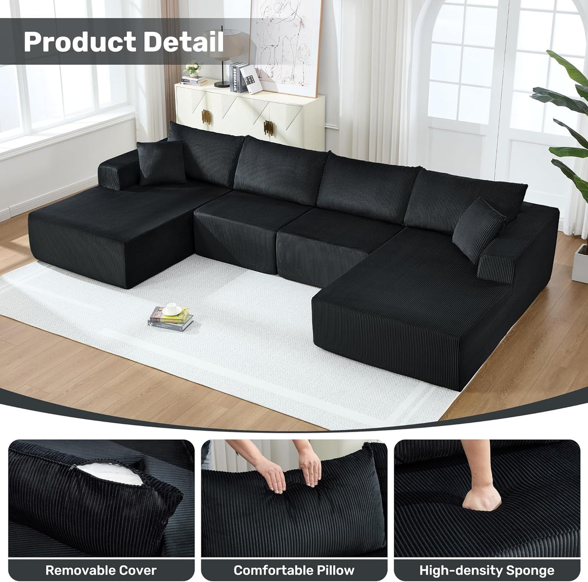 Corduroy Black UShaped 146Inch Modular Sectional Sofa