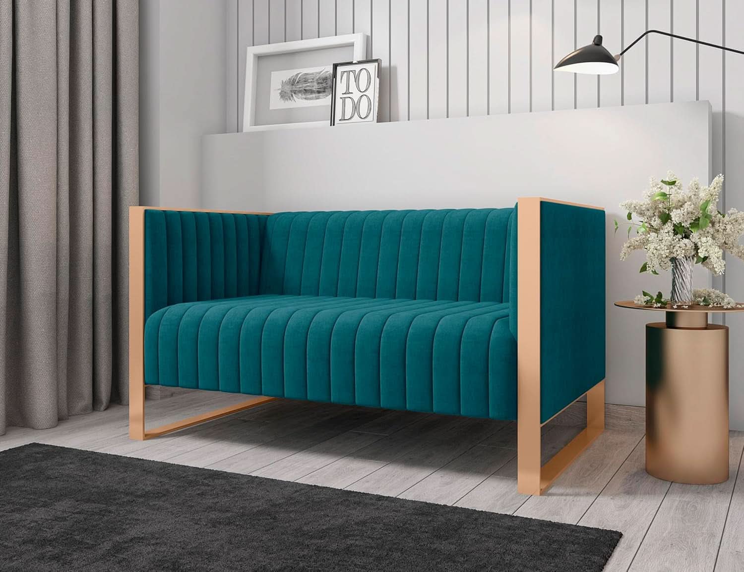 57 Inch Teal Velvet Loveseat For Living Room High Density Foam-1