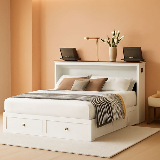 White Queen Murphy Cabinet Bed USB Charging-0