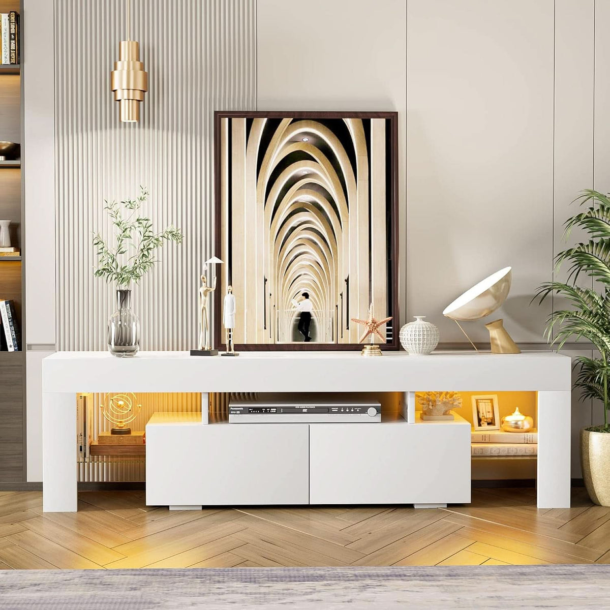 White Entertainment TV Stand With LED Illumination