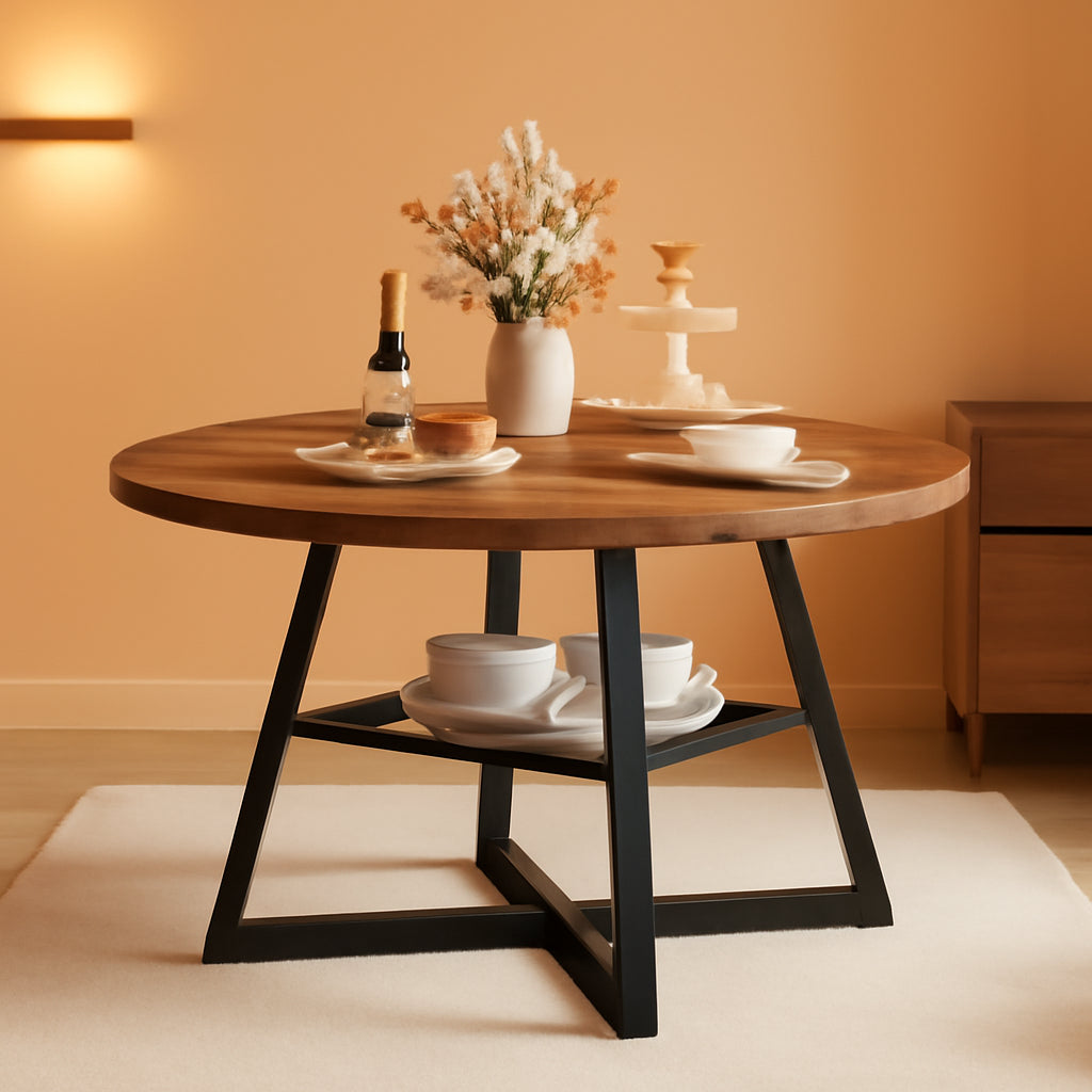 Industrial Round 47.2 Inch Dining Table With Storage