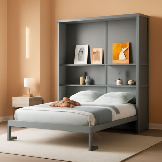 Retractable Gray Murphy Bed With Space Saving Shelves-0