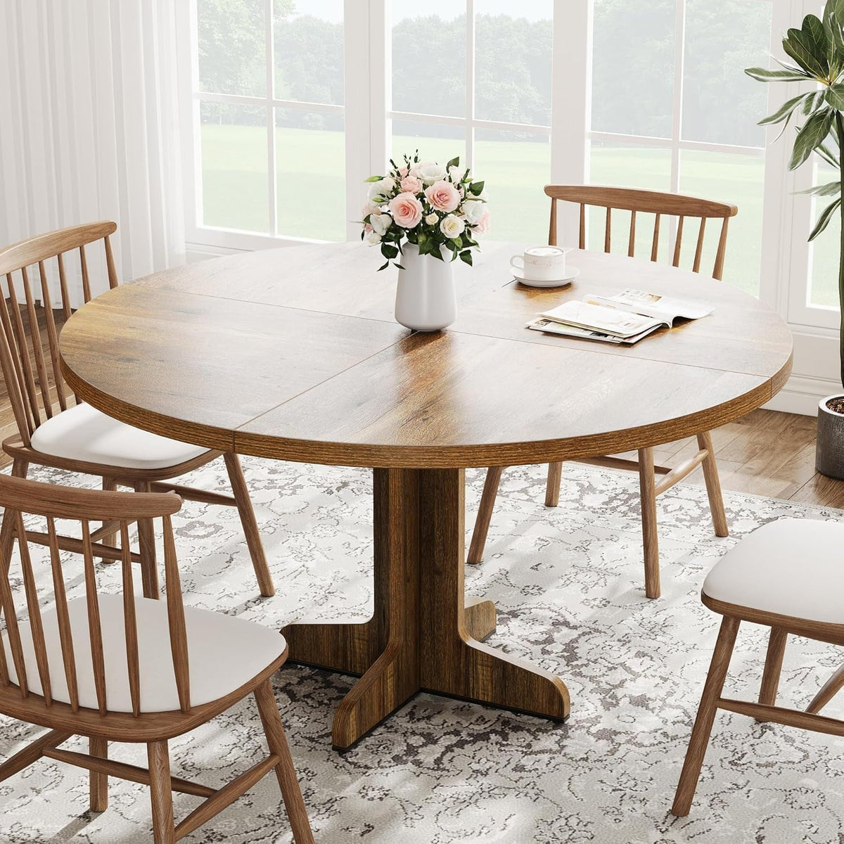 Round Dining Table 47 Inch Brown Matte Textured Finish