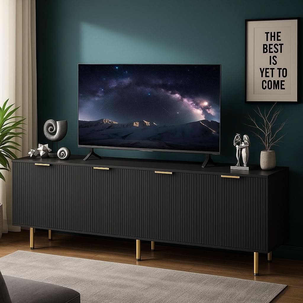 Black Fluted Mid Century Modern TV Entertainment Center With Storage