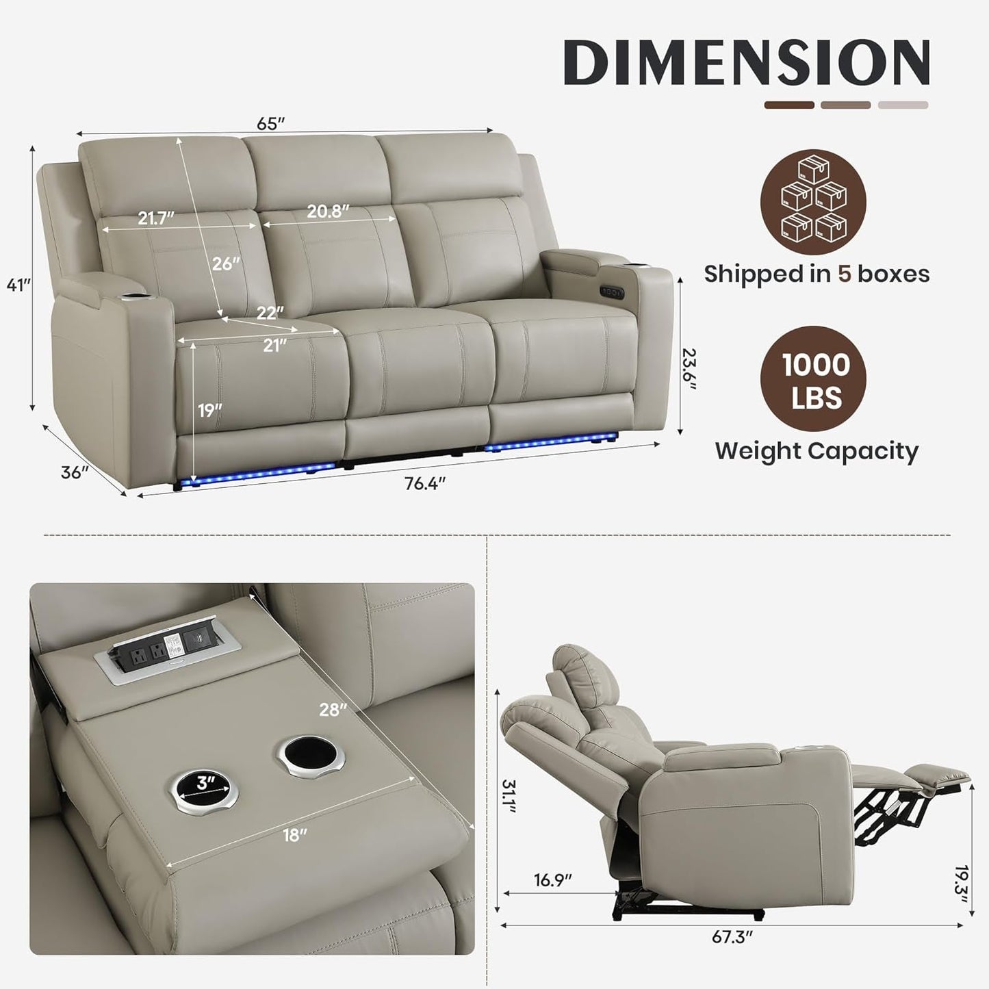 Grey Luxurious Leather Reclining Sofa With Headrest