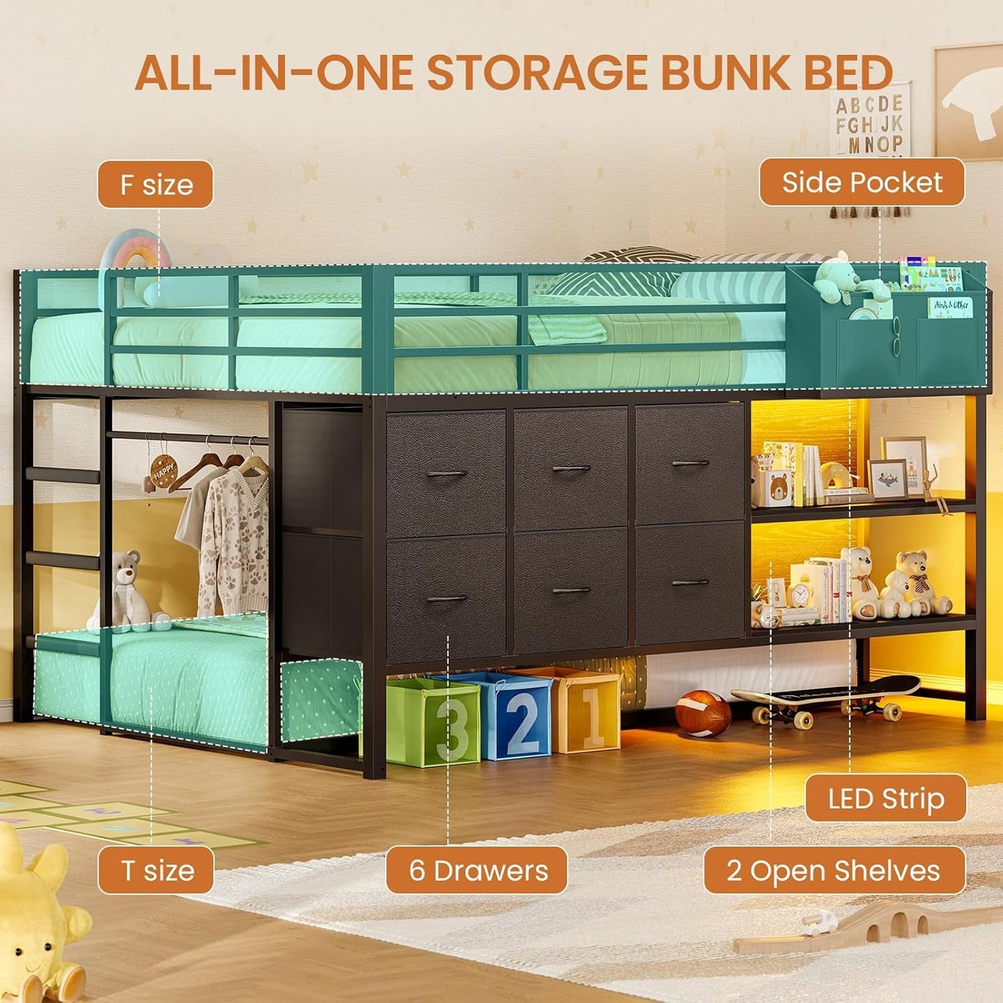 Full Over Twin Bunk Bed Black Security Guardrails Drawers