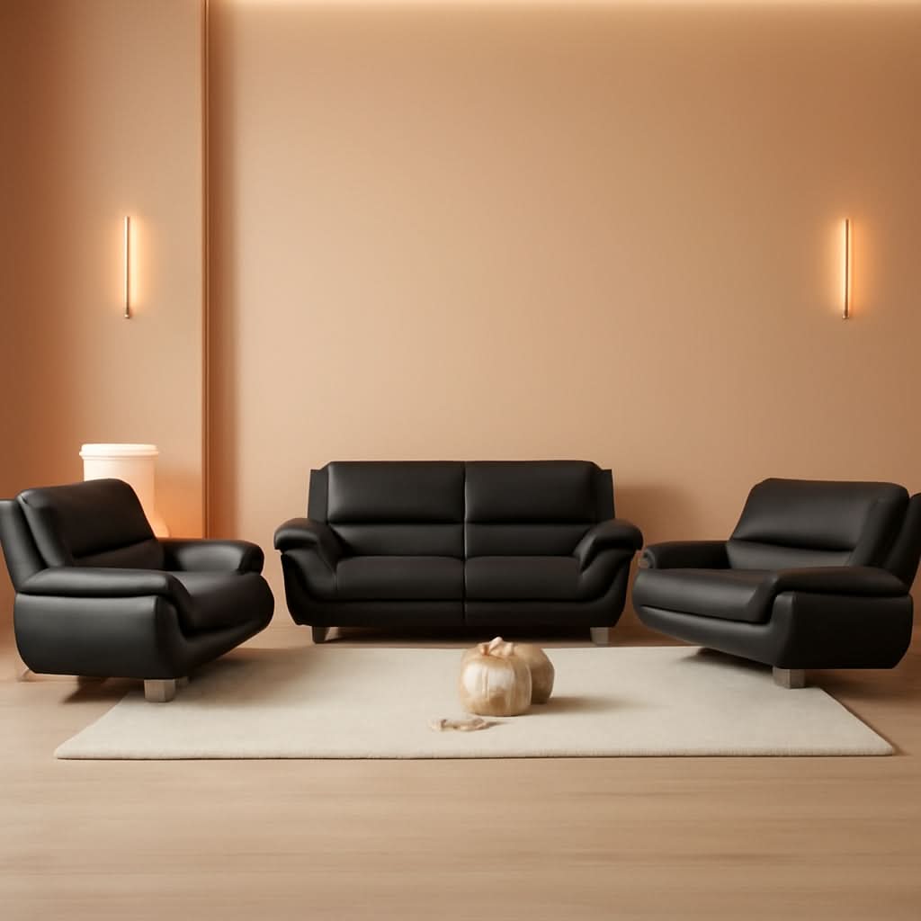 Faux Leather 3 Piece Modern Living Room Sofa Set Black