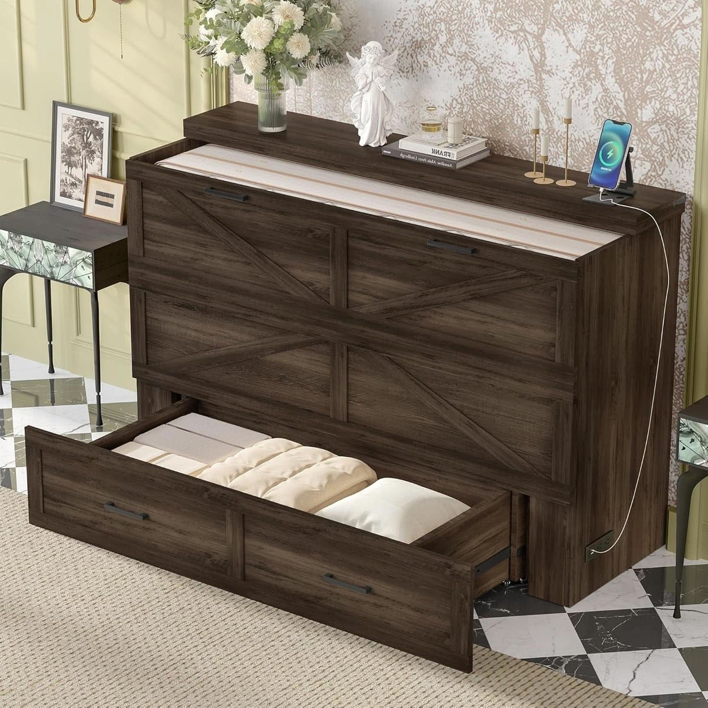 Farmhouse Murphy Bed Featuring Charging Station Gray