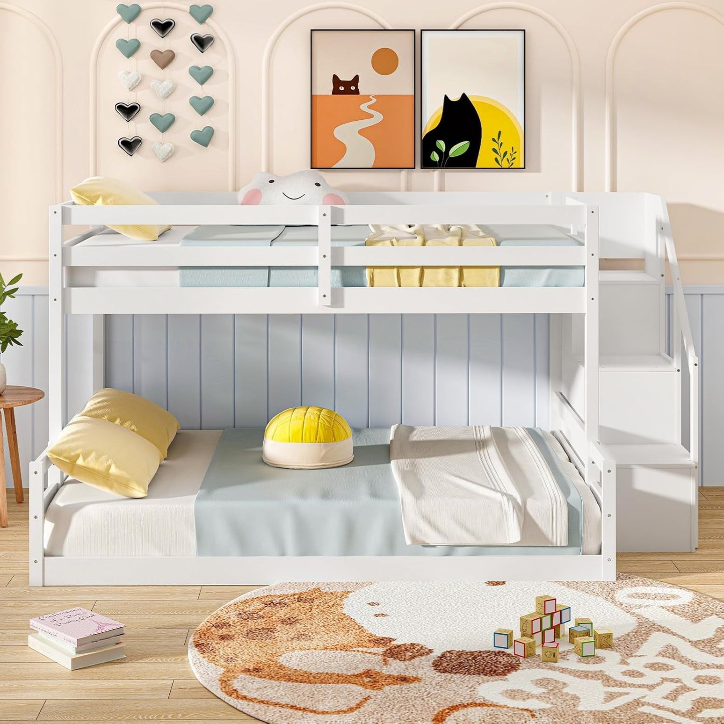 White Solid Wood Twin Over Full Bunk Bed Stairs GuardRails