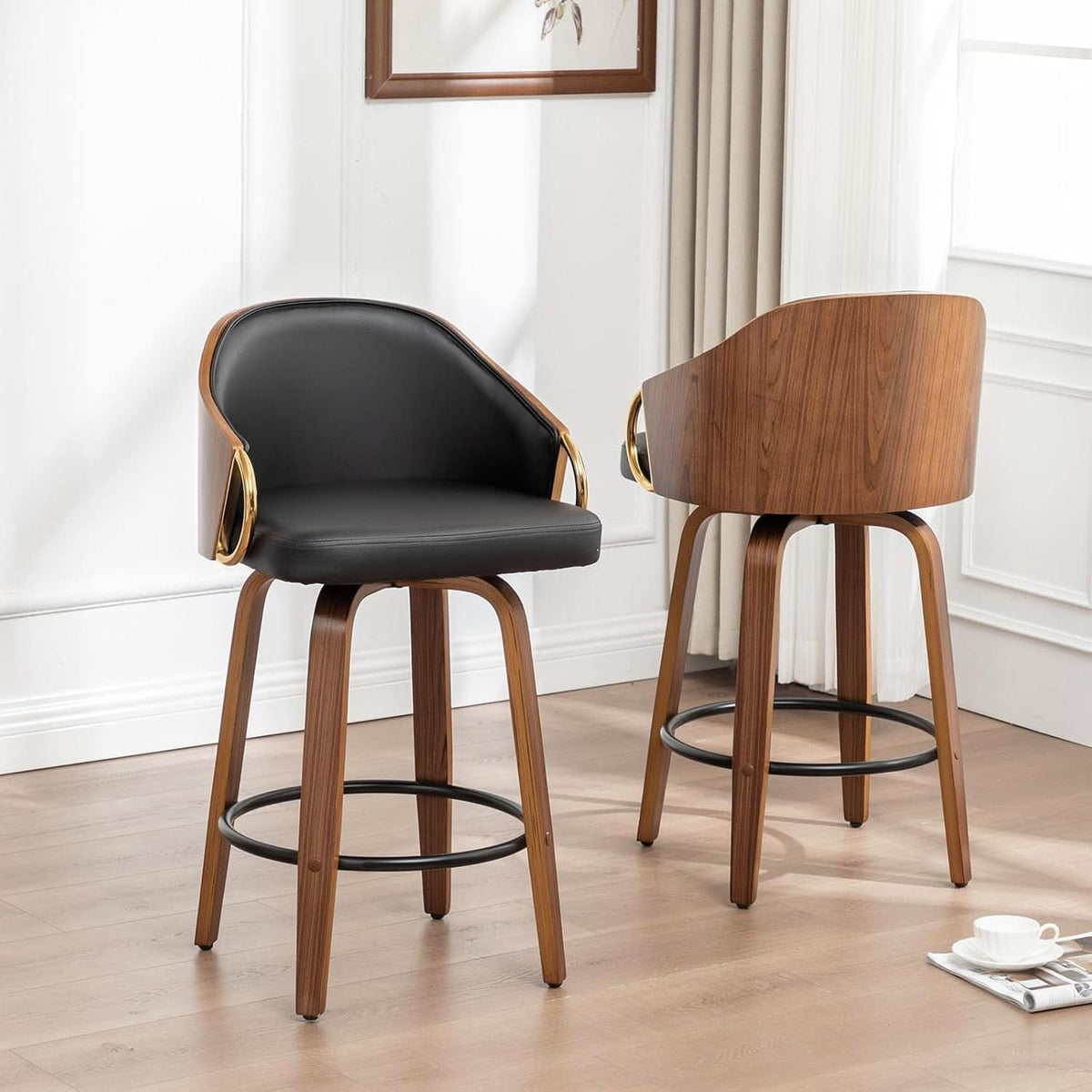 26 Inch Swivel Barstools Set of Two Black Leather