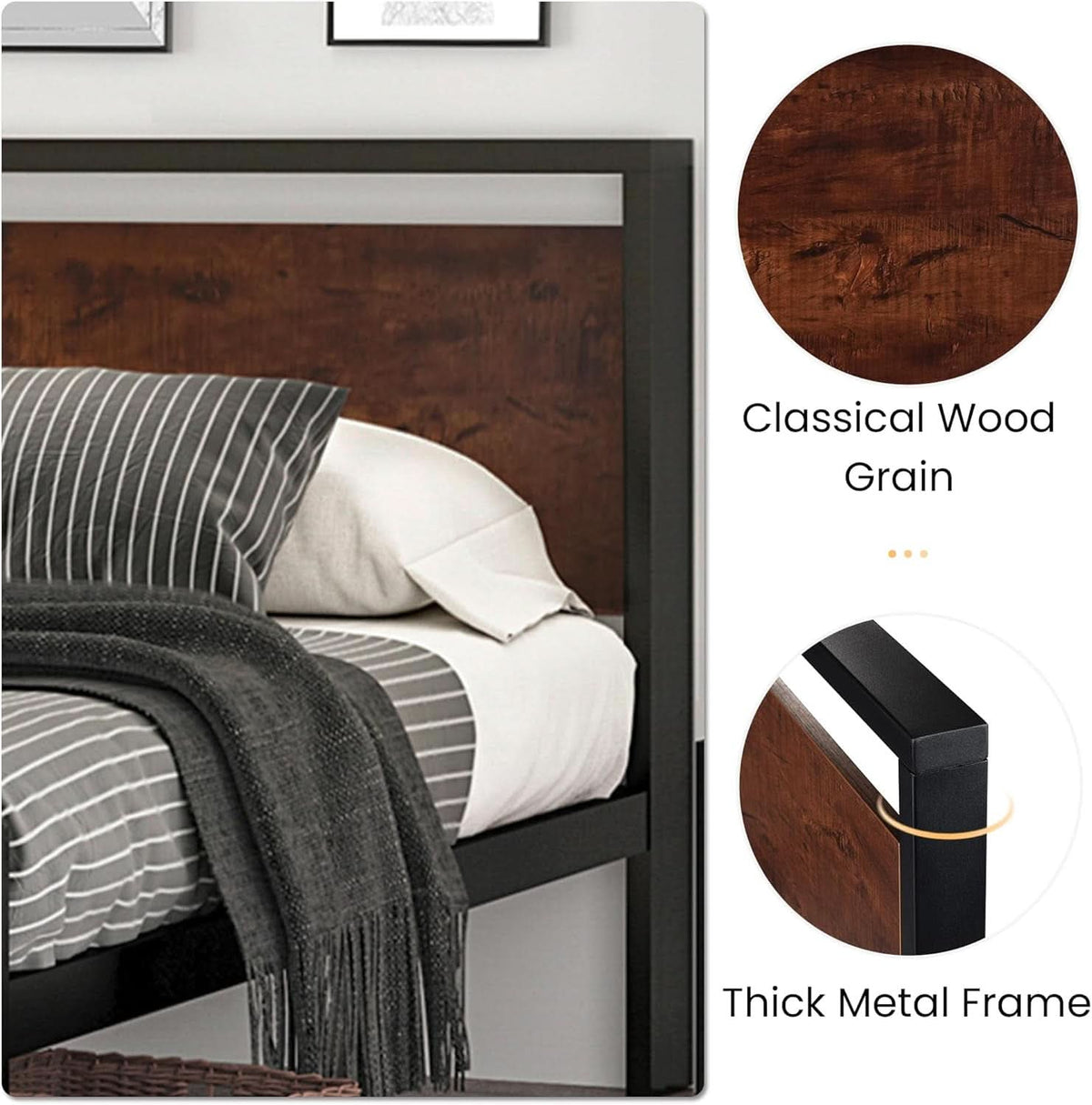 14 Inch King Size Metal Platform Bed Frame with Wooden Headboard and Footboard, Mattress Foundation, No Box Spring Needed, Large under Bed Storage, Mahogany